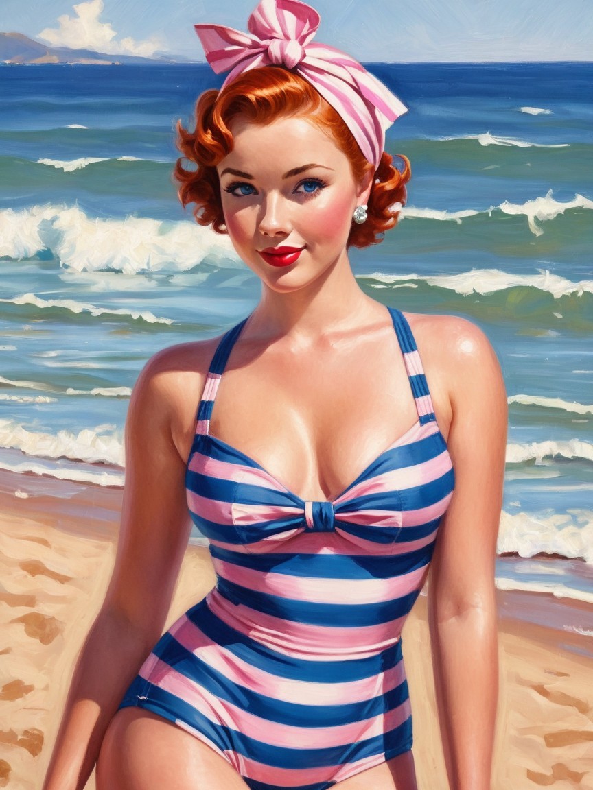 Vibrant Beach Scene with Woman in Striped Swimsuit