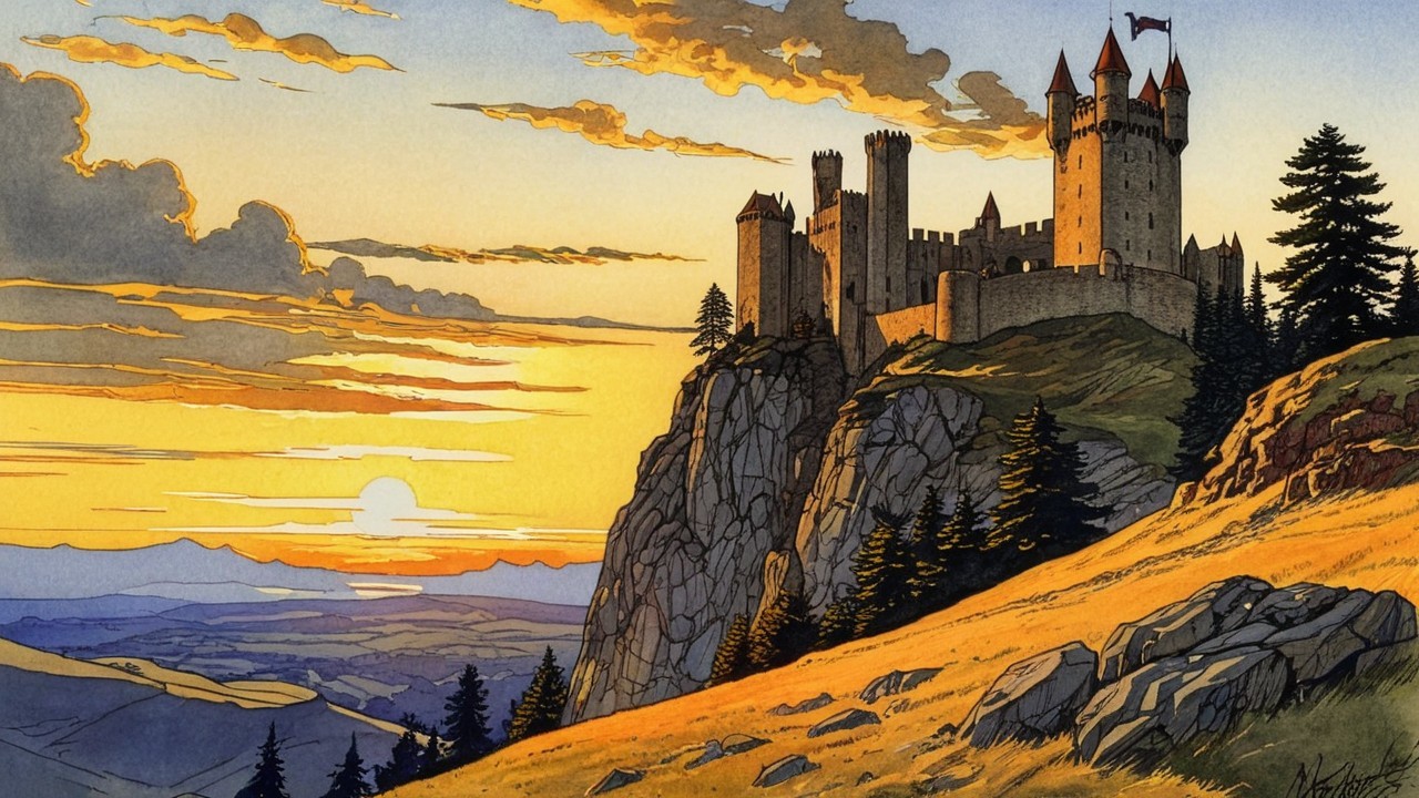 Medieval Castle on Cliff with Scenic Sunset Landscape