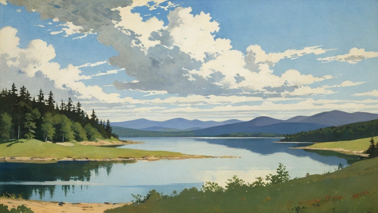 Tranquil Lake Surrounded by Lush Greenery and Hills