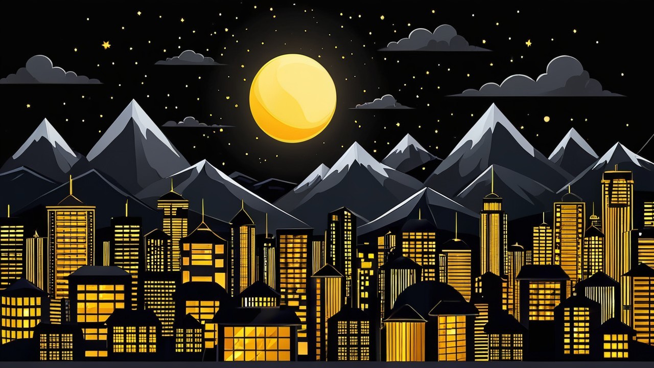 Digital painting of a night city with moon and stars