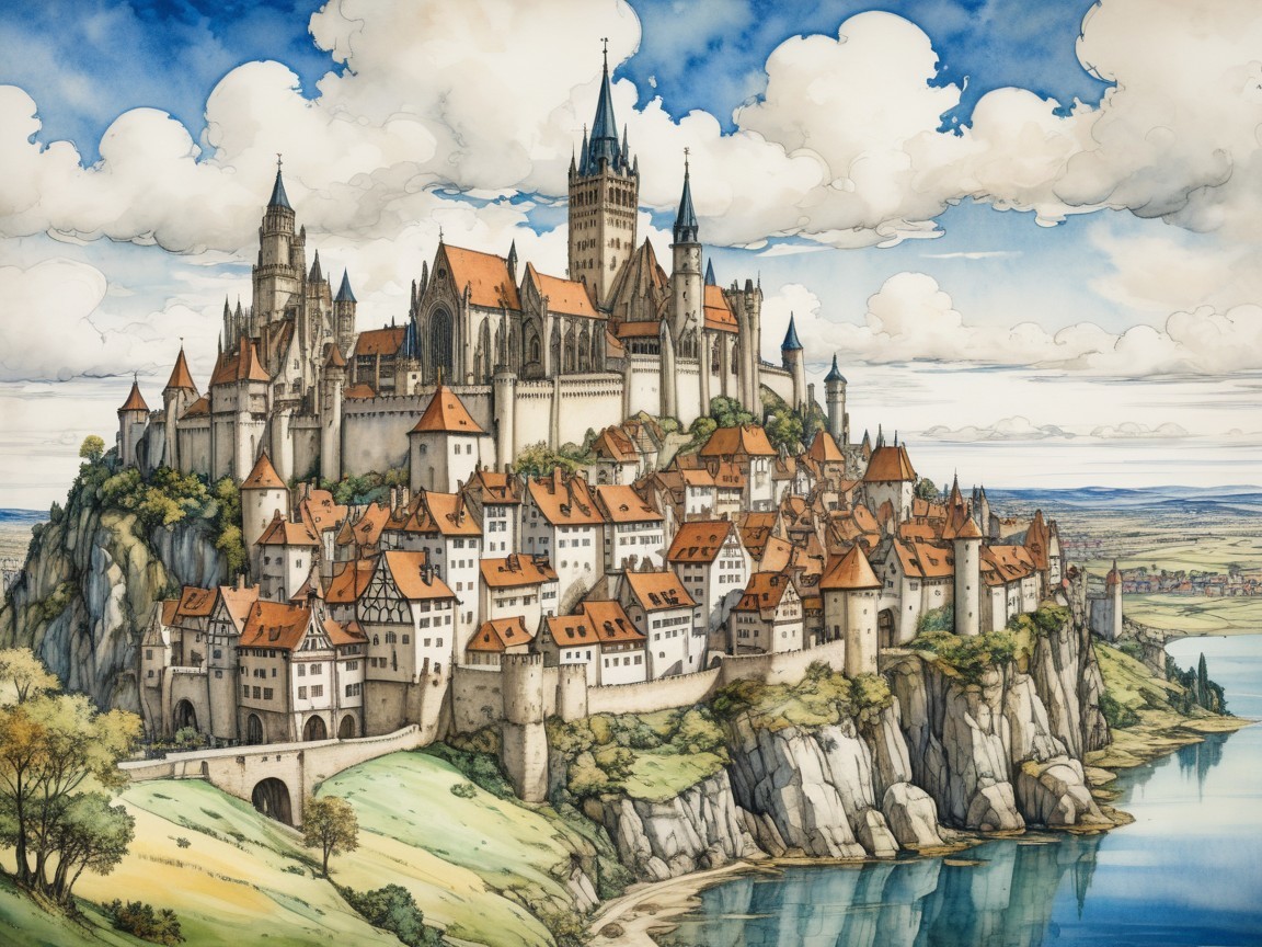 Castle on a Cliff Overlooking a Quaint Village