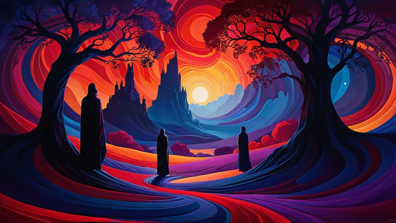 Surreal Landscape with Bold Colors and Castle Background