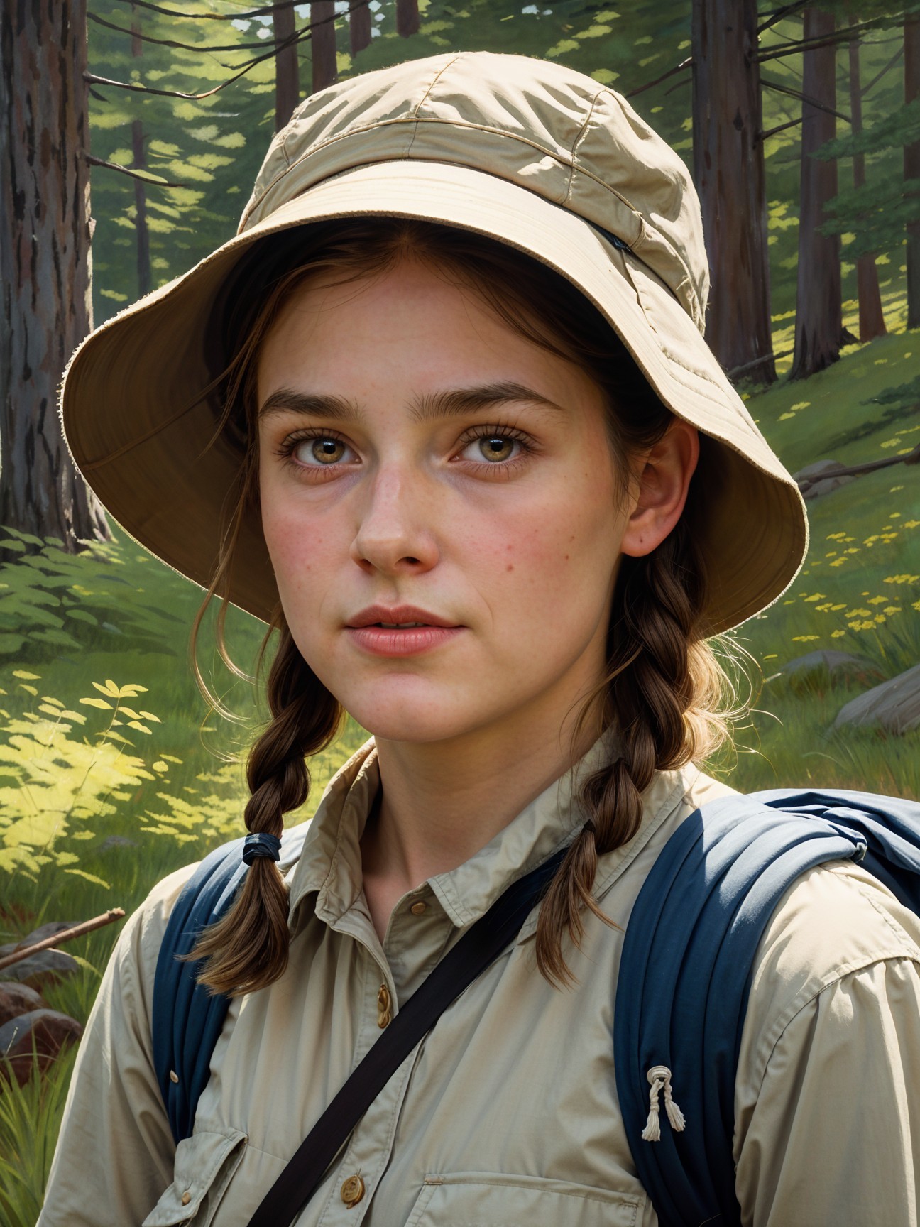 Young woman in hat and shirt in forest setting