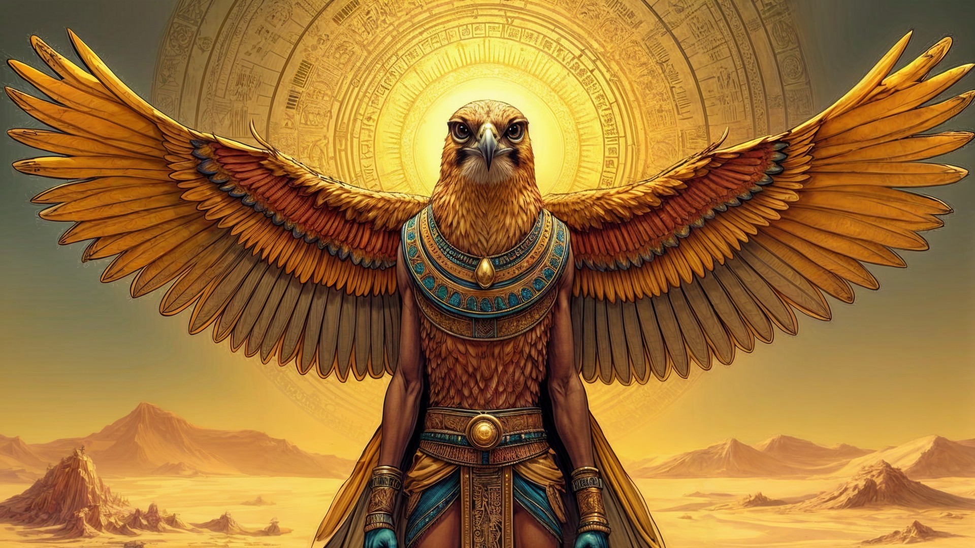 Falcon-Headed Figure in Golden Armor Against Sunlit Background