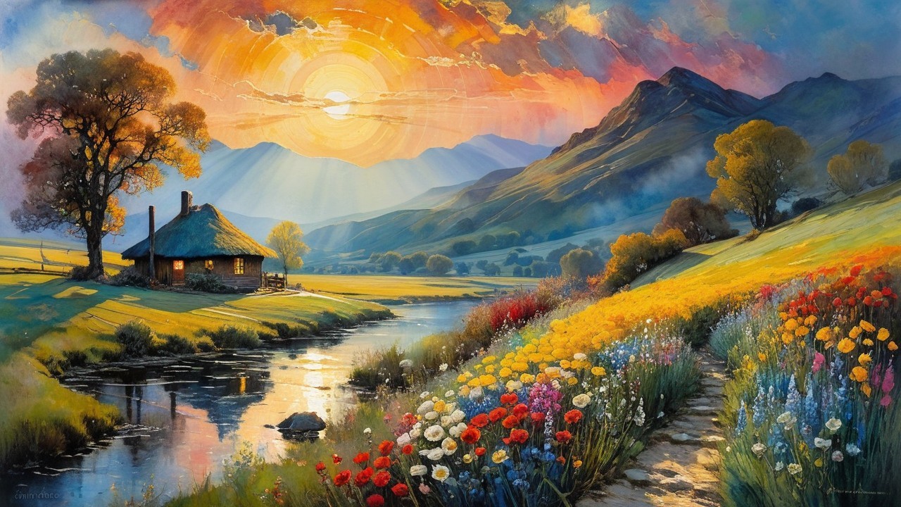 Vibrant Sunset Landscape with River and Wildflowers
