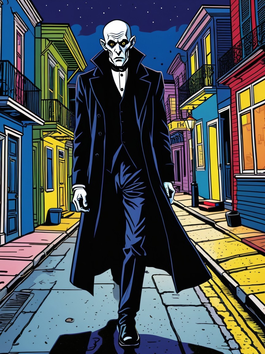 Humanoid vampire walking in vibrant New Orleans street at night