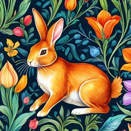 Realistic Orange Rabbit Surrounded by Colorful Flowers