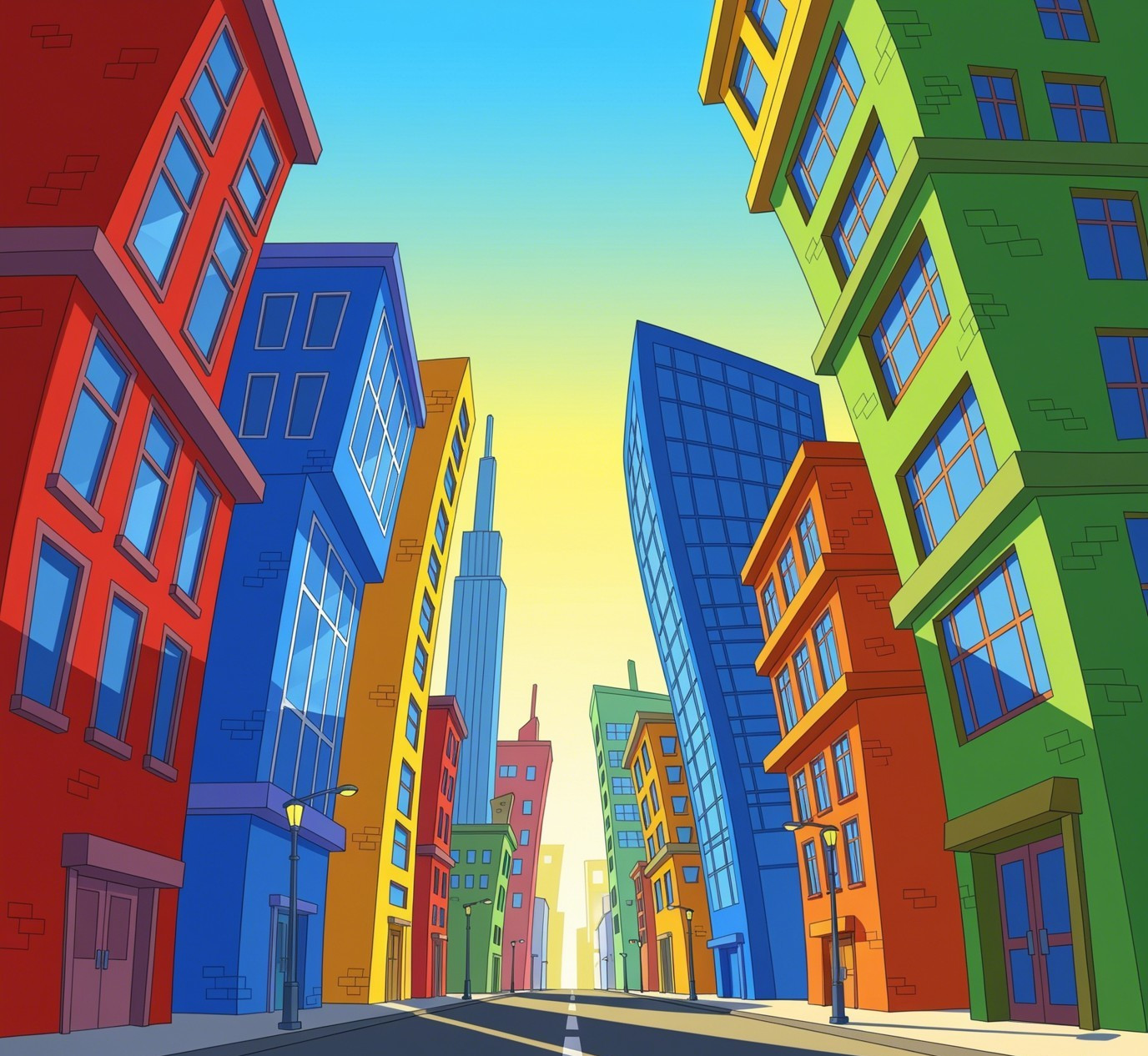 Colorful Cartoon-Style Cityscape with Skyscrapers