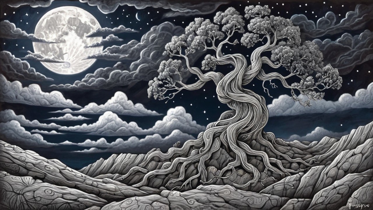 Majestic Tree Under Full Moon in Dramatic Night Sky