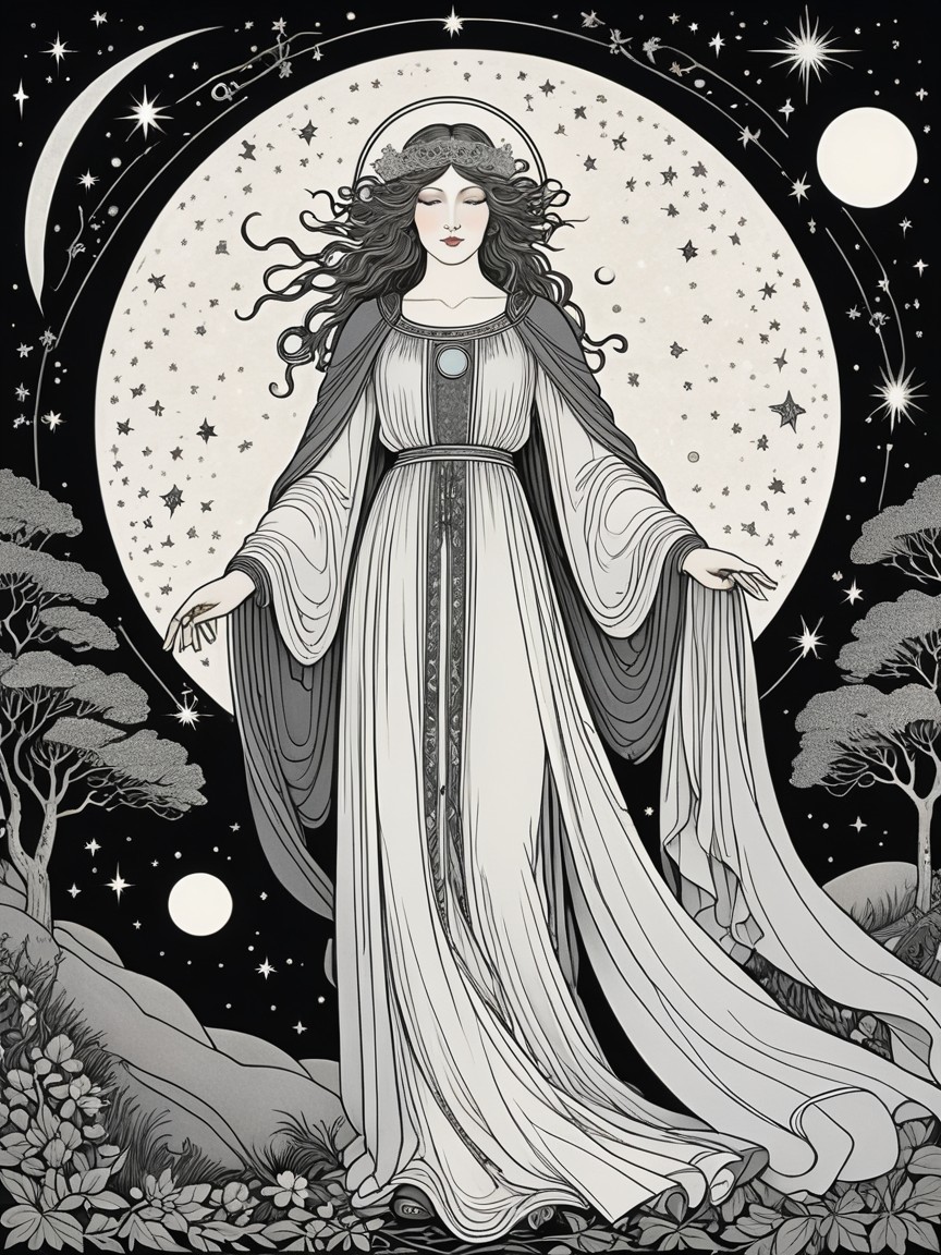 Majestic Figure in Cosmic Backdrop with Nature Elements