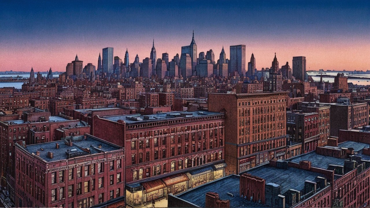 Panoramic City Skyline at Dusk with Silhouetted Skyscrapers