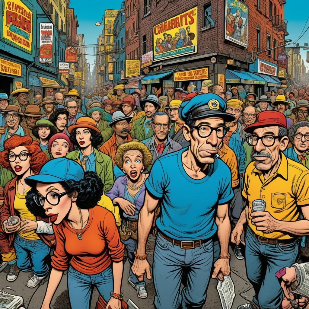 Vibrant Street Scene with Diverse Crowd and Colorful Buildings