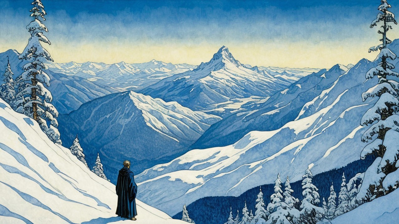 Winter Landscape with Cloaked Figure and Mountains