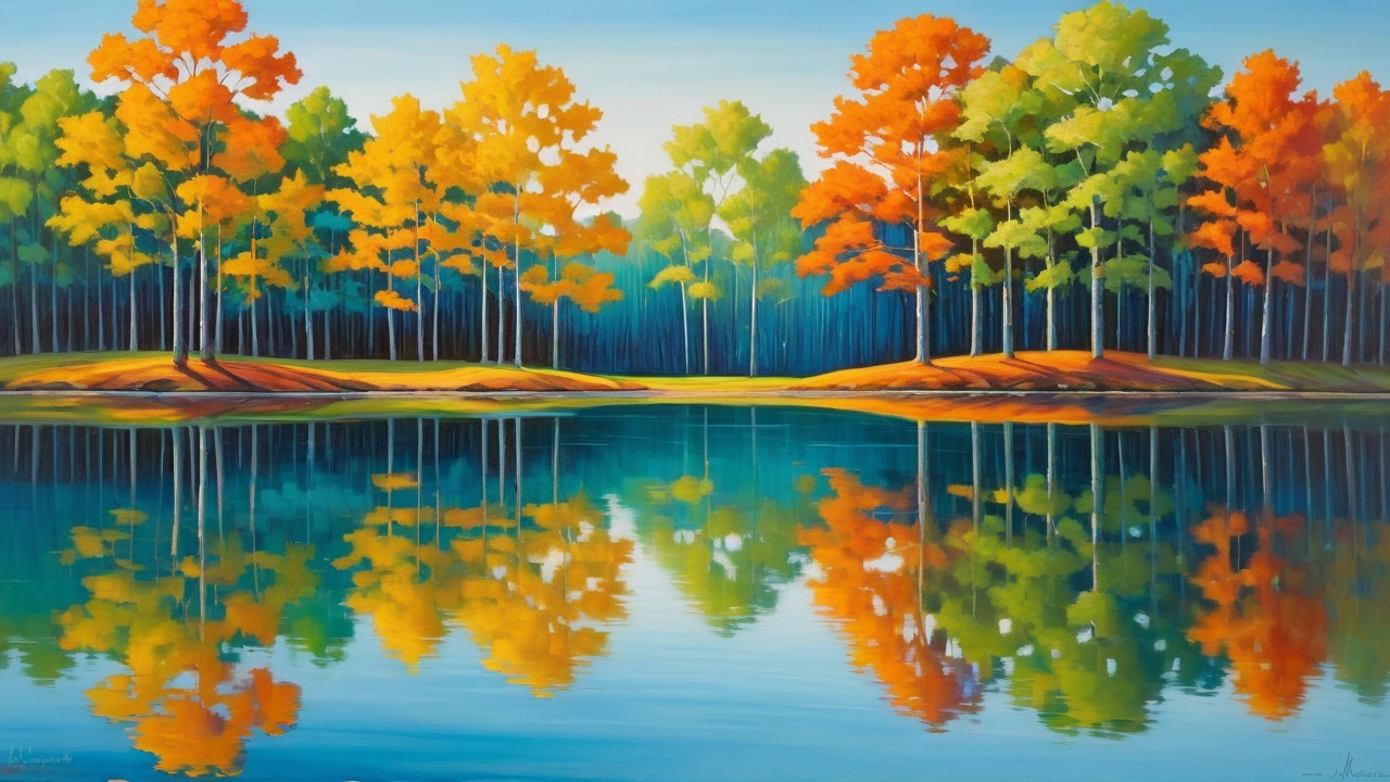 Autumn Lakeside Scene with Vibrant Foliage Reflection