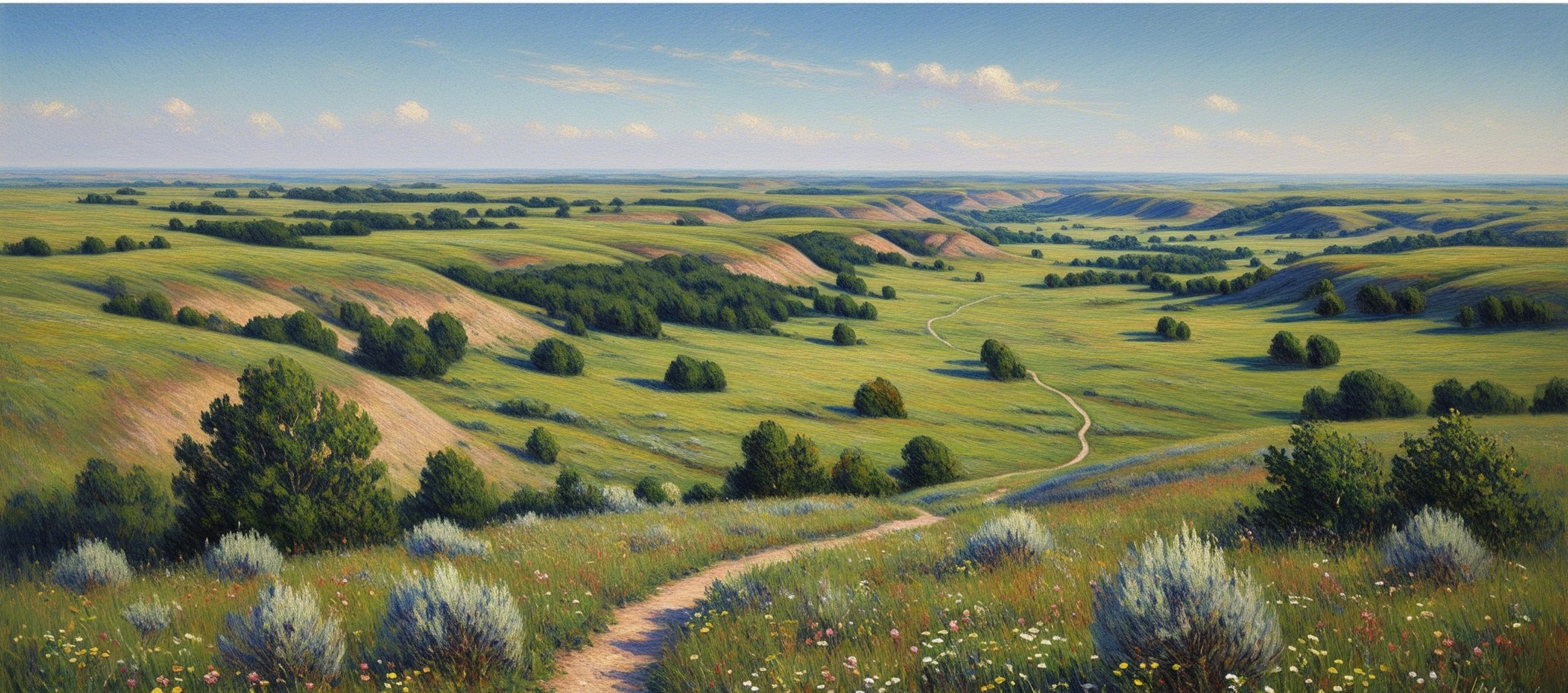 Serene Countryside Landscape with Rolling Hills and Trees