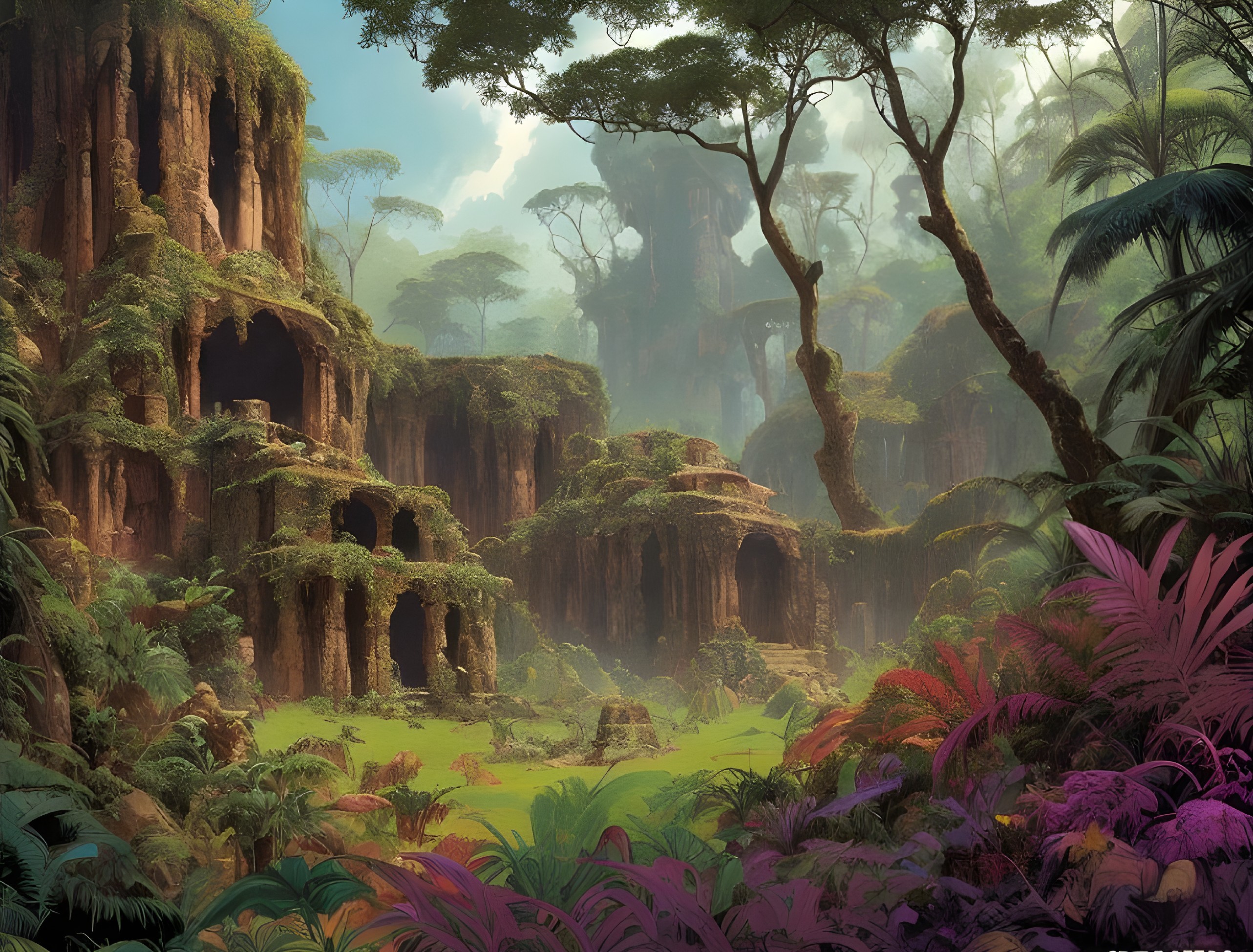 Mystical Jungle with Ancient Rock Formations and Caves