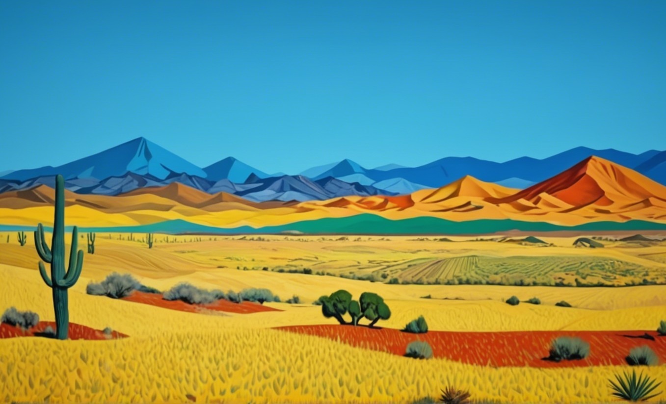 Vibrant Desert Landscape with Cacti and Mountains