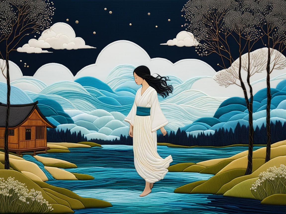 Serene landscape with water, hills, and a woman in kimono