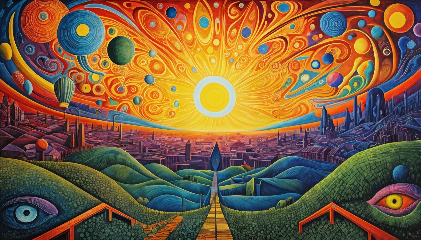 Surreal Colorful Landscape with Whimsical Elements