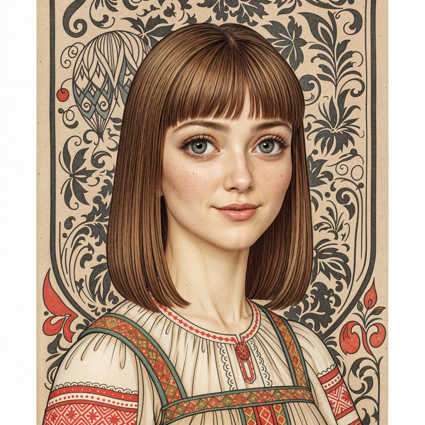 Young woman in traditional garment with floral background