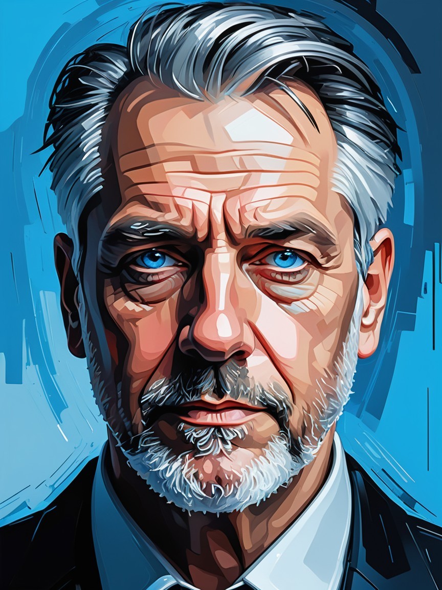Portrait of a Mature Man with Blue Eyes and Silver Hair