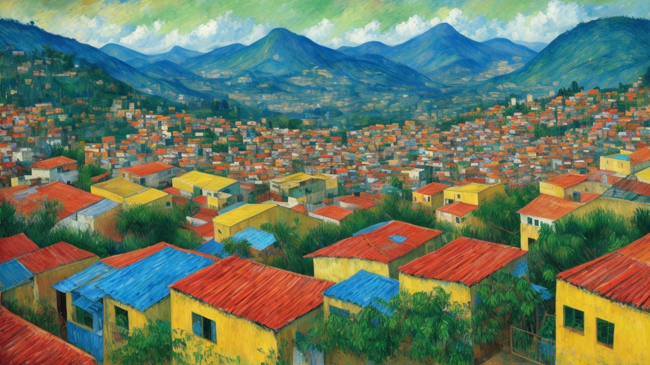 Vibrant Landscape with Colorful Rooftops and Mountains