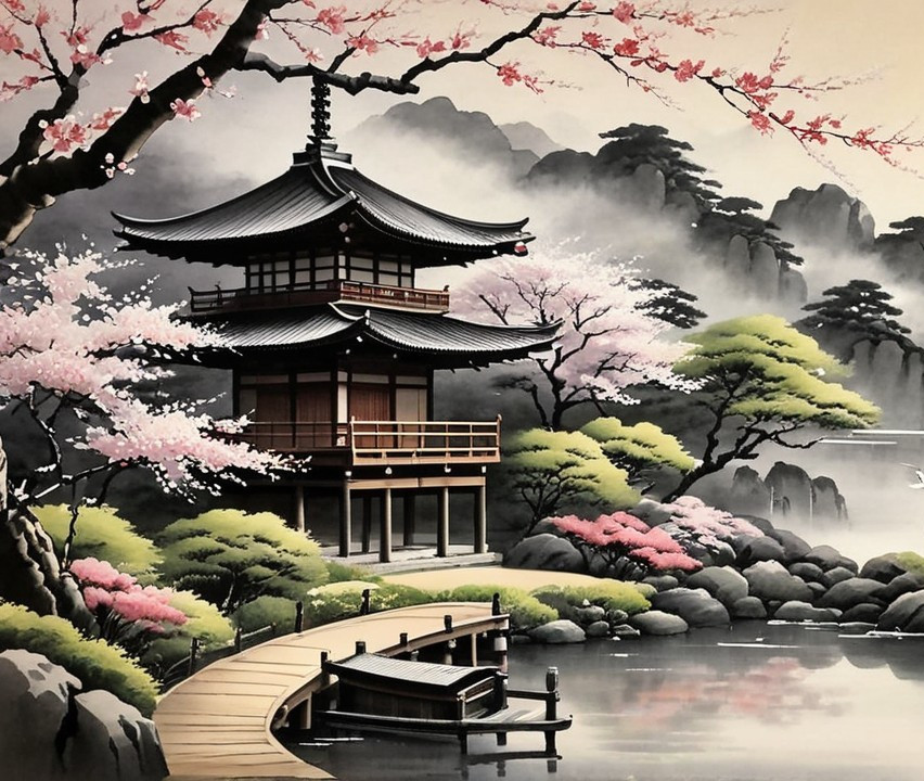Japanese Pagoda Amid Cherry Blossoms and Mountains