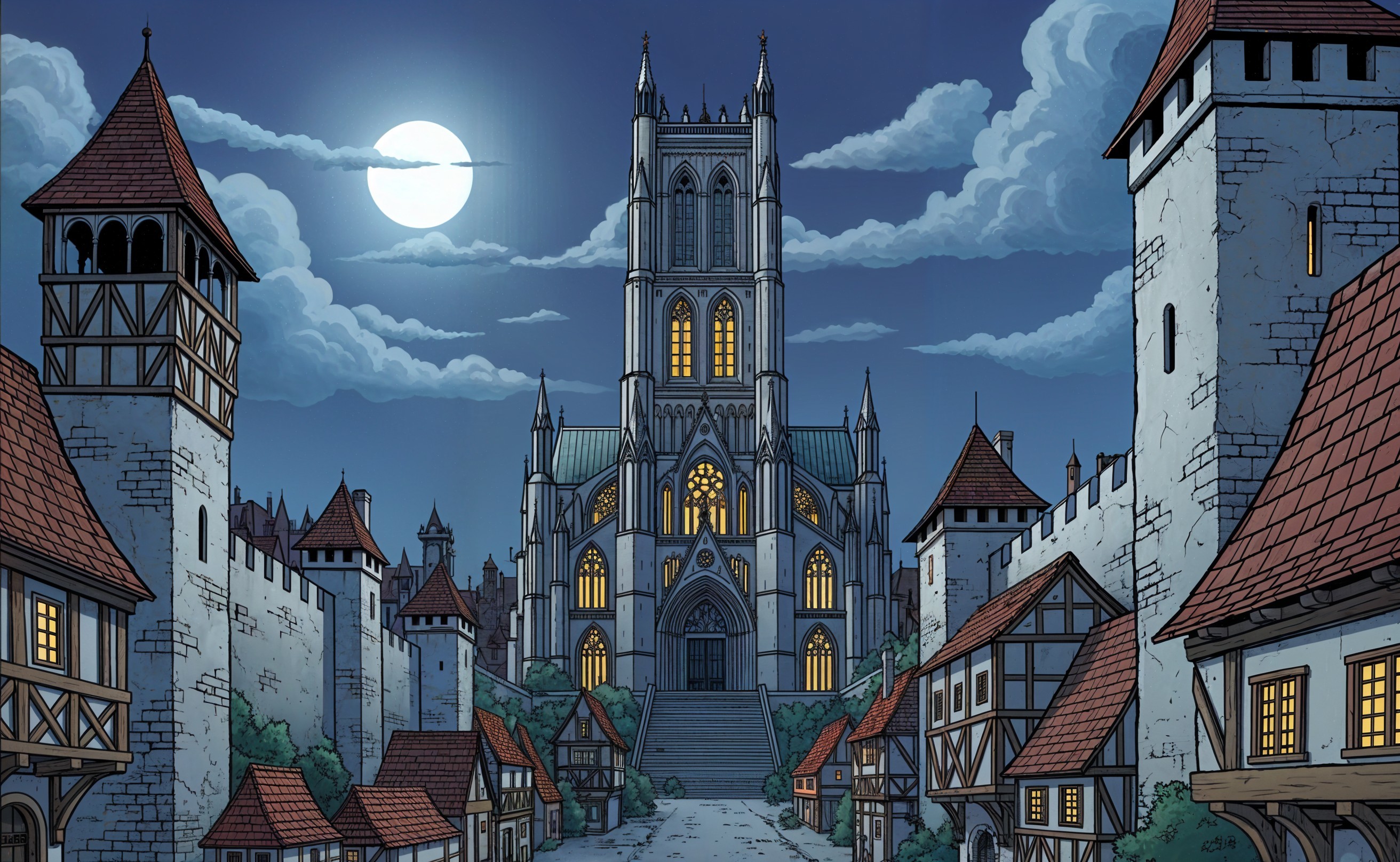 Medieval Town Under Moonlight with Cathedral and Cobblestones