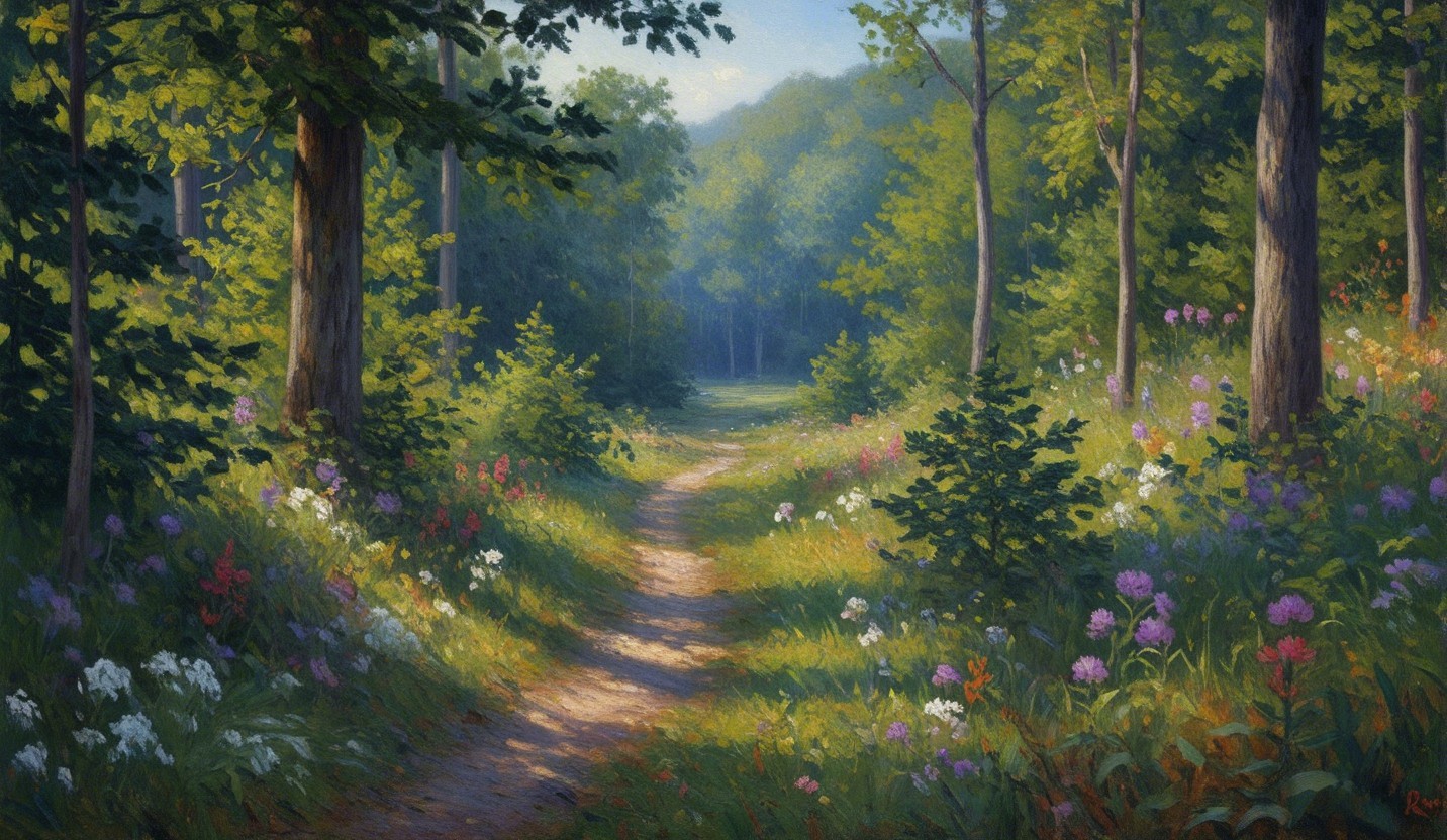Woodland Scene with Winding Path and Wildflowers