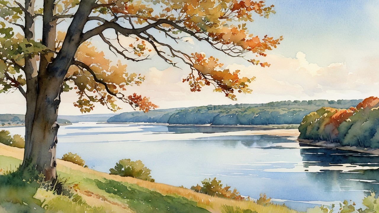 Tranquil River in Lush Autumn Landscape