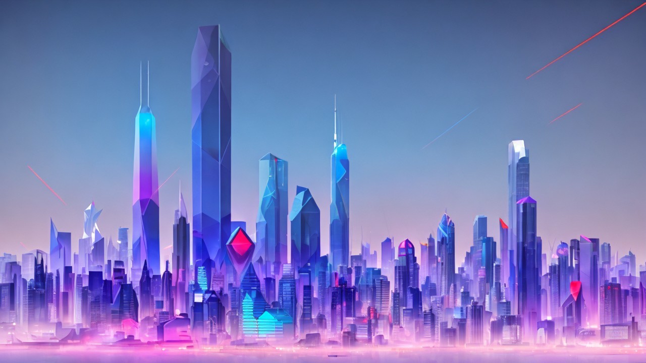 Futuristic City Skyline with Geometric Skyscrapers
