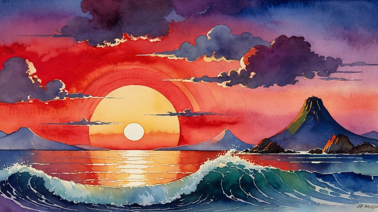 Vibrant Watercolor Sunset Landscape with Island Silhouette
