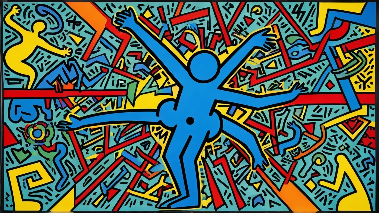 Vibrant Abstract Painting with Dynamic Central Figure