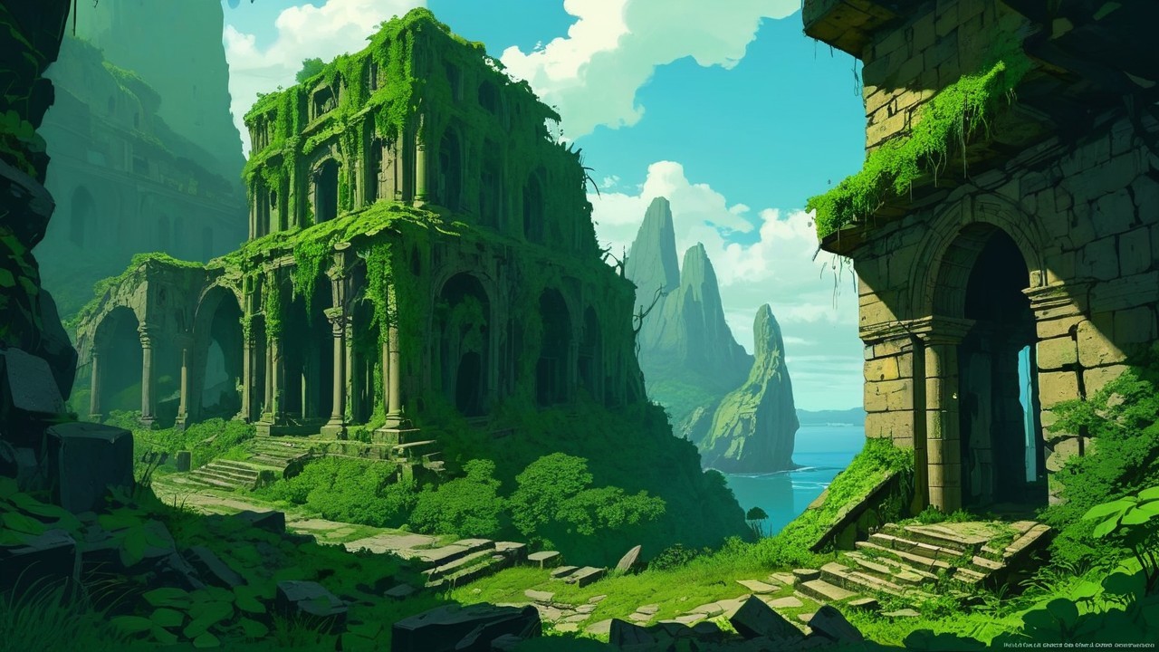 Lush Overgrown Landscape with Ancient Ruins and Cliffs