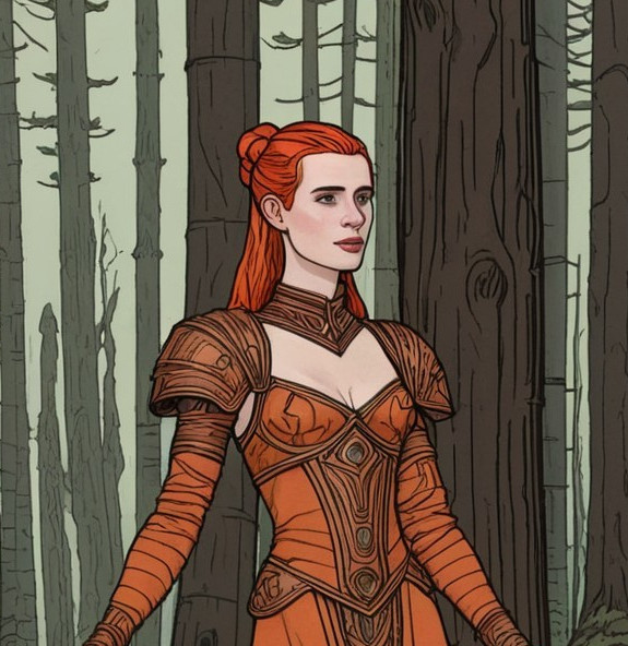 Figure in Orange Armor Among Shadowy Trees