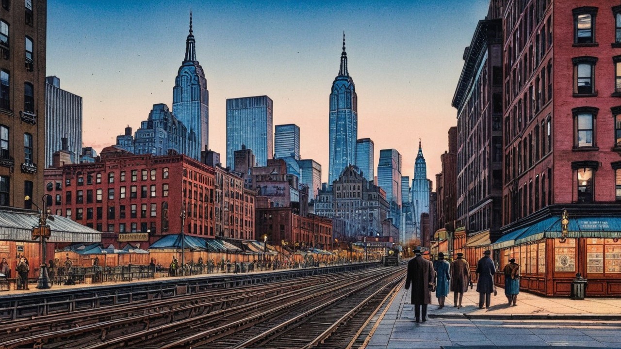 Vibrant Urban Scene with Railway Station and Skyscrapers