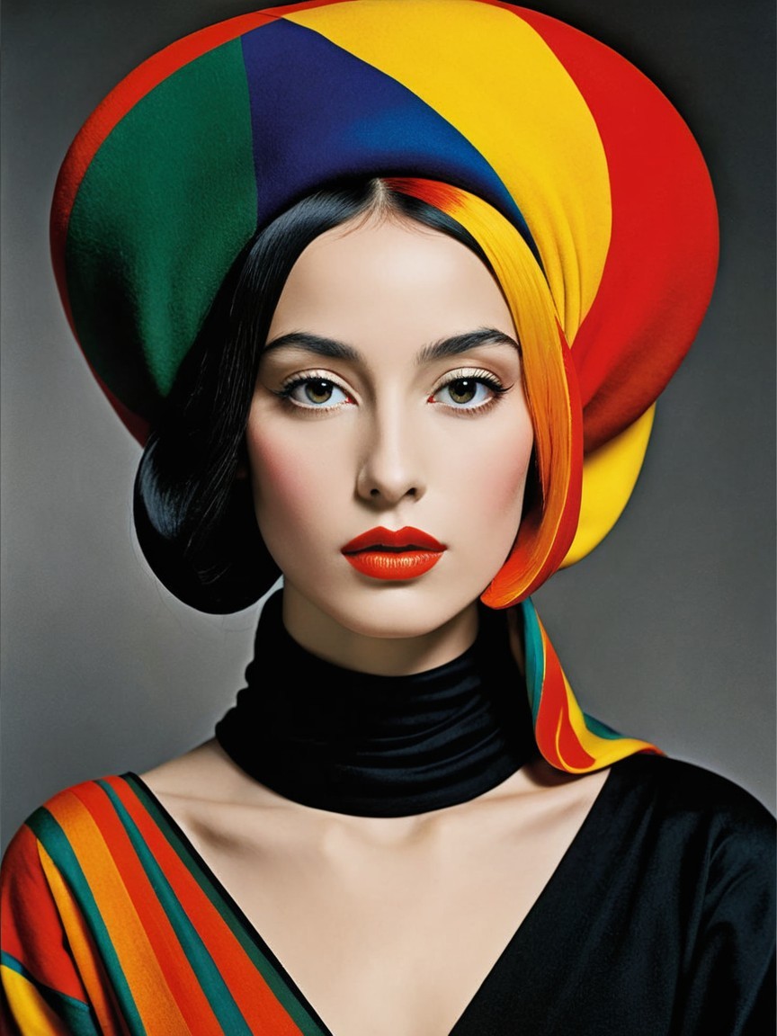 Portrait of a Woman with Colorful Headpiece and Hair