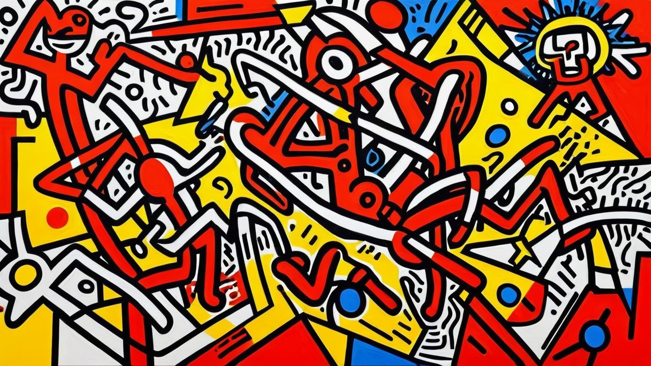 Haring Style Painting with Red, Yellow, Black, and White