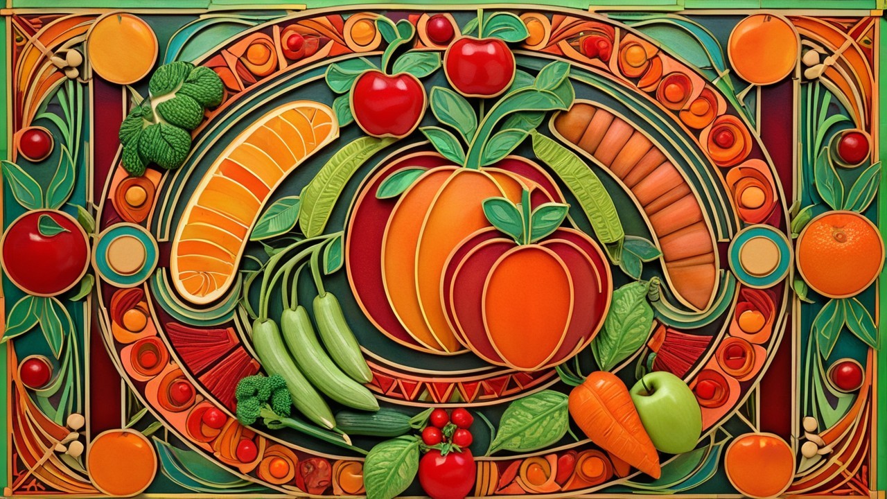 Vibrant Decorative Arrangement of Fruits and Vegetables