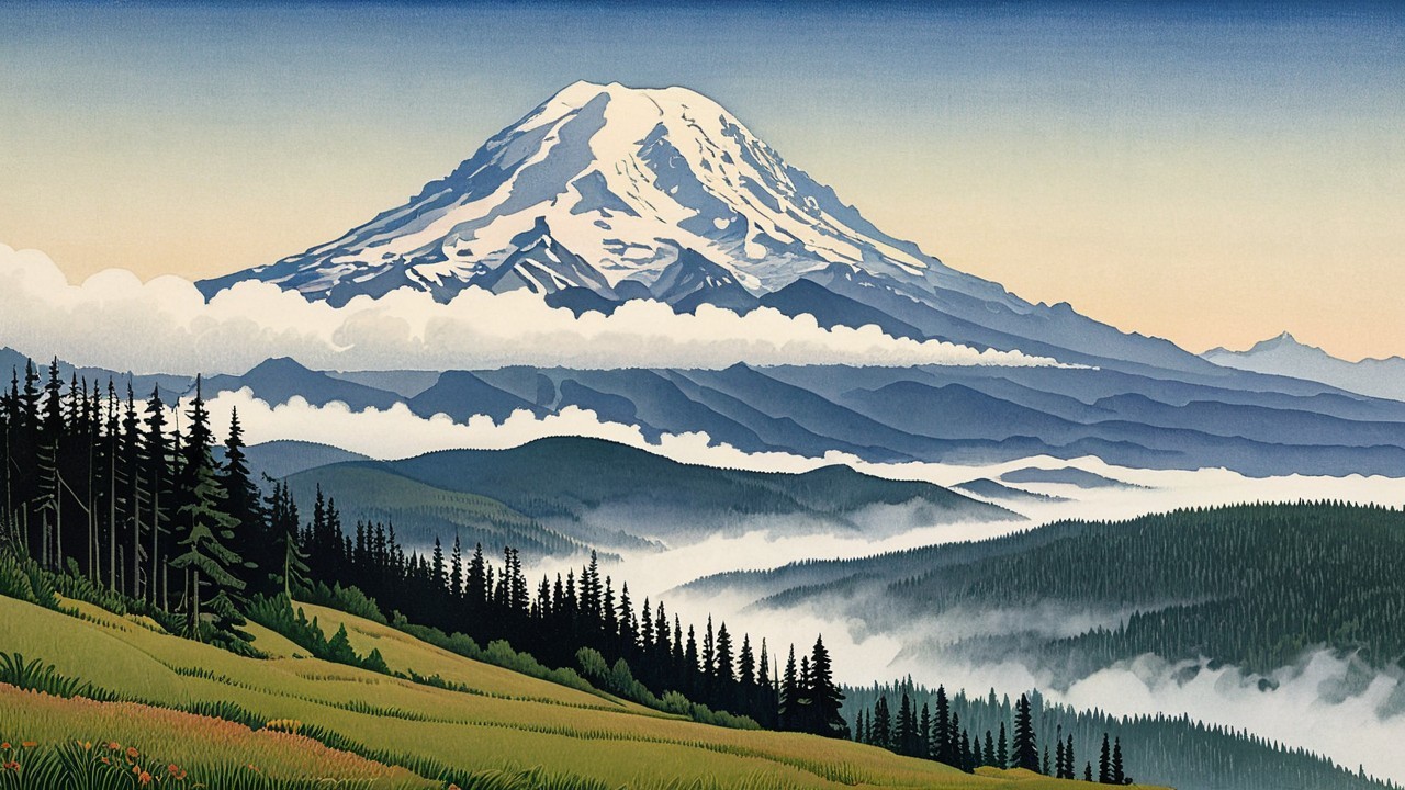 Serene Landscape with Snow-Capped Mountain and Forests