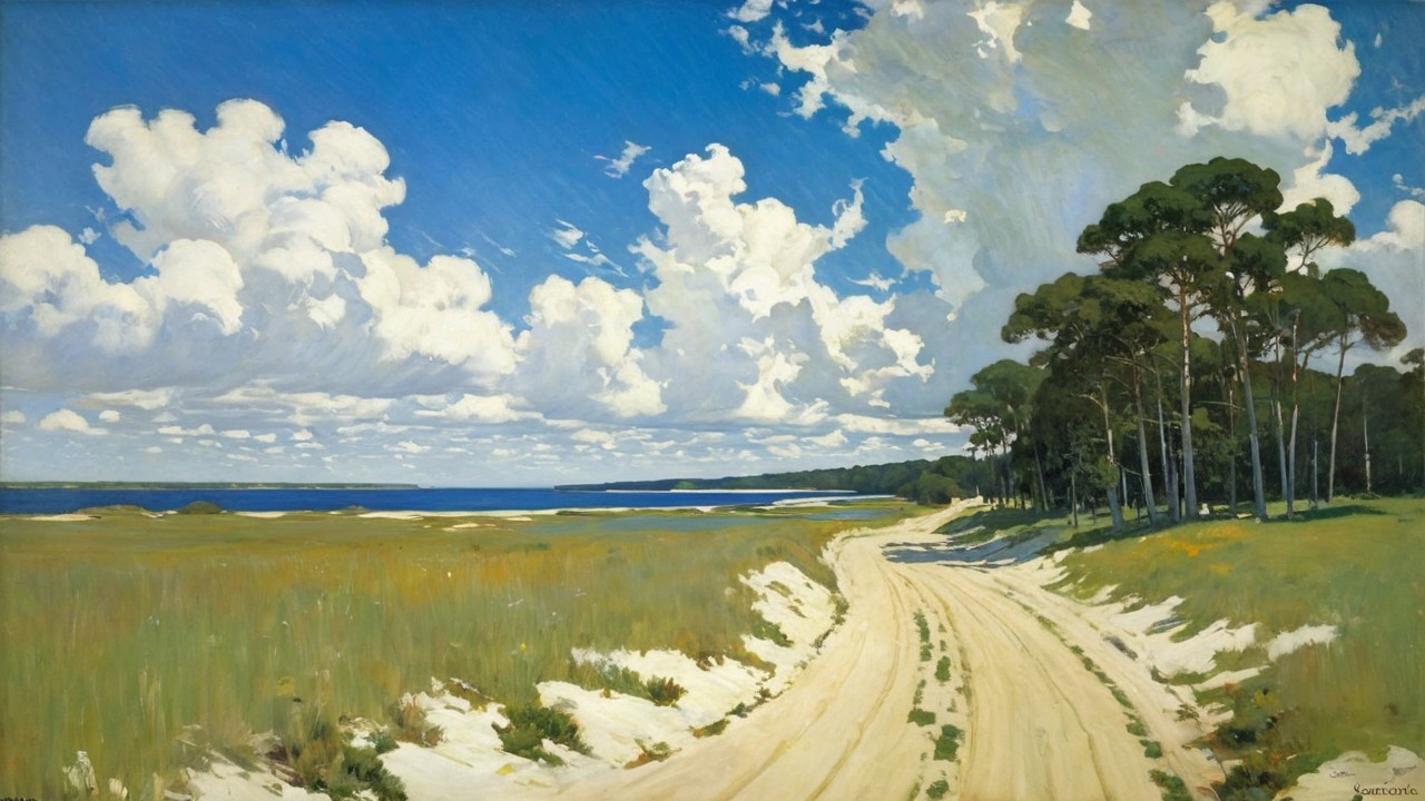 Serene Landscape with Winding Road and Water Body