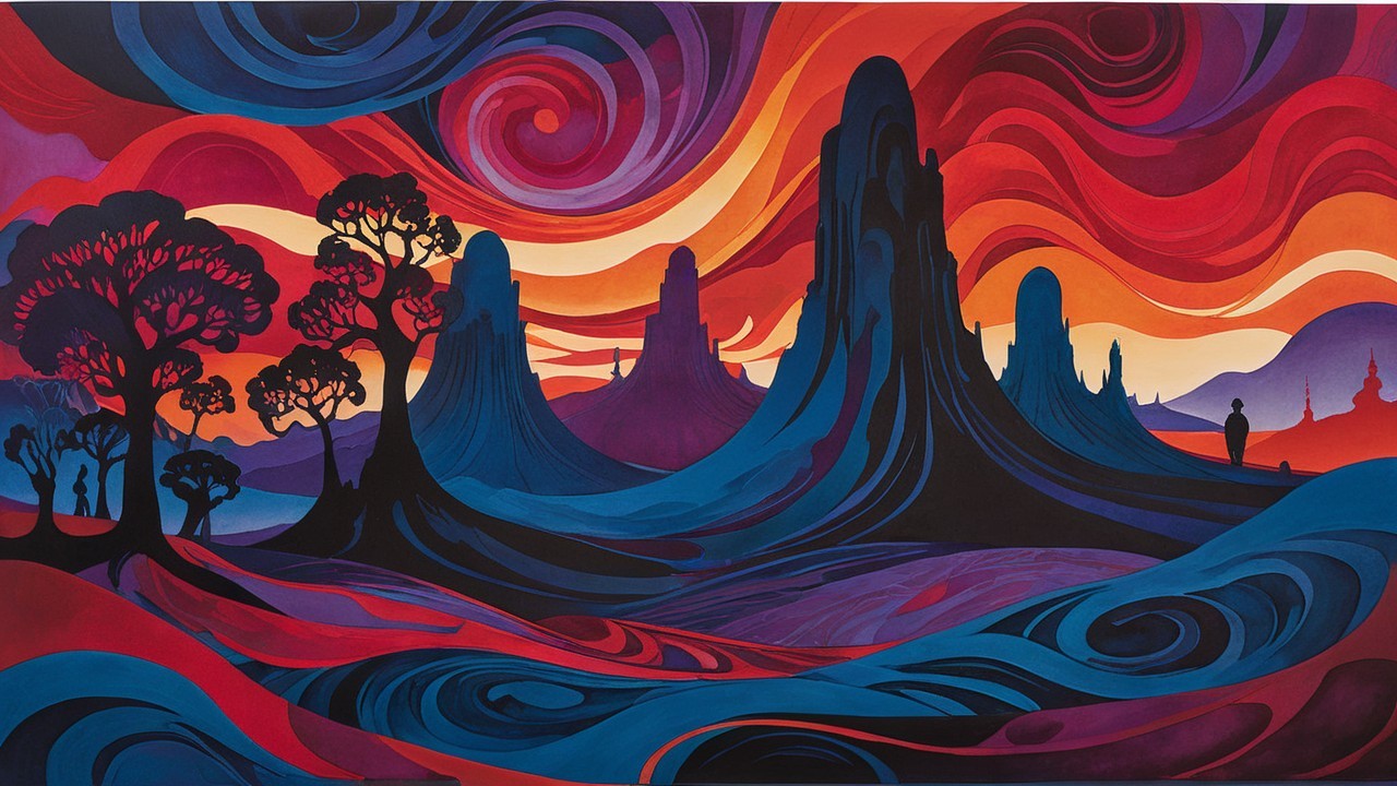 Vibrant Abstract Landscape with Bold Colors and Forms