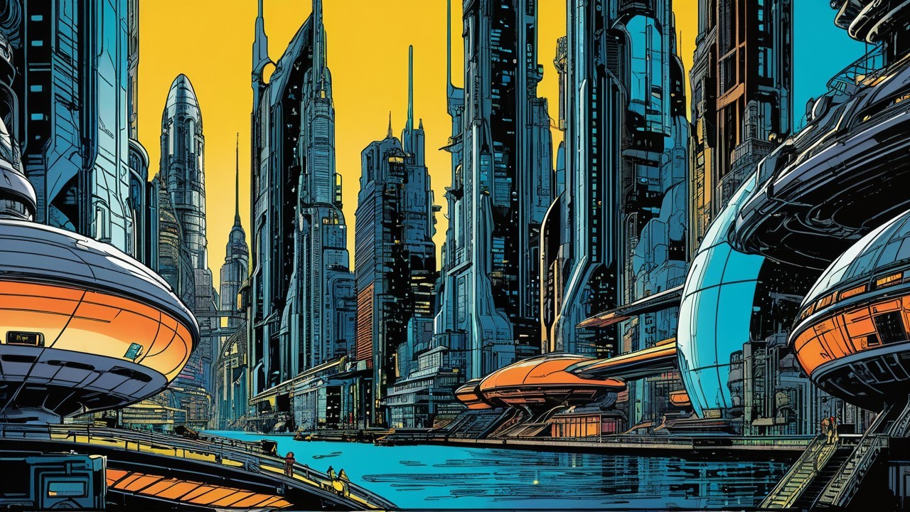 Futuristic cityscape with vibrant colors and structures