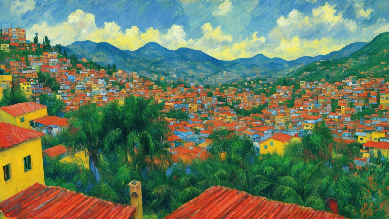 Vibrant hillside community with colorful houses and greenery