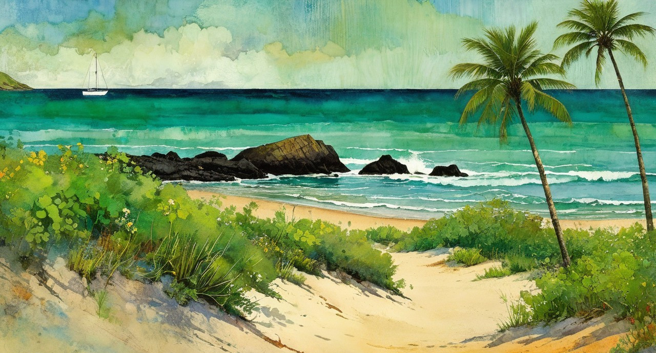 Serene Tropical Beach with Palm Trees and Sailboat