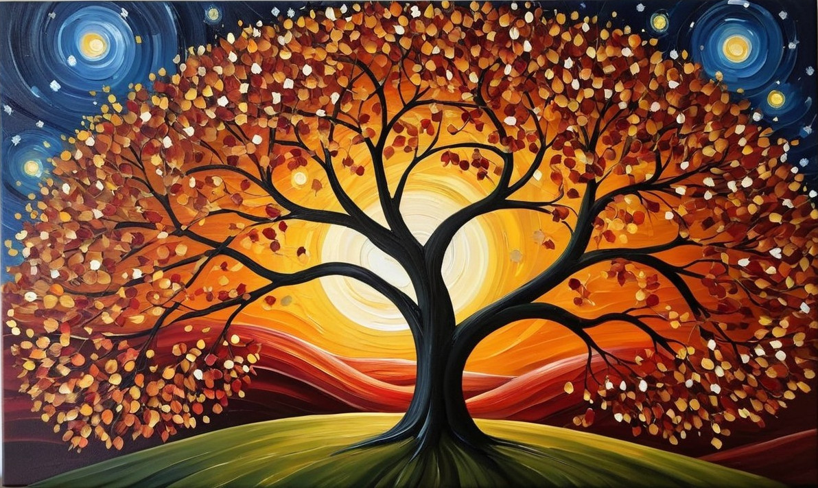 Majestic Autumn Tree with Vibrant Leaves and Sunset