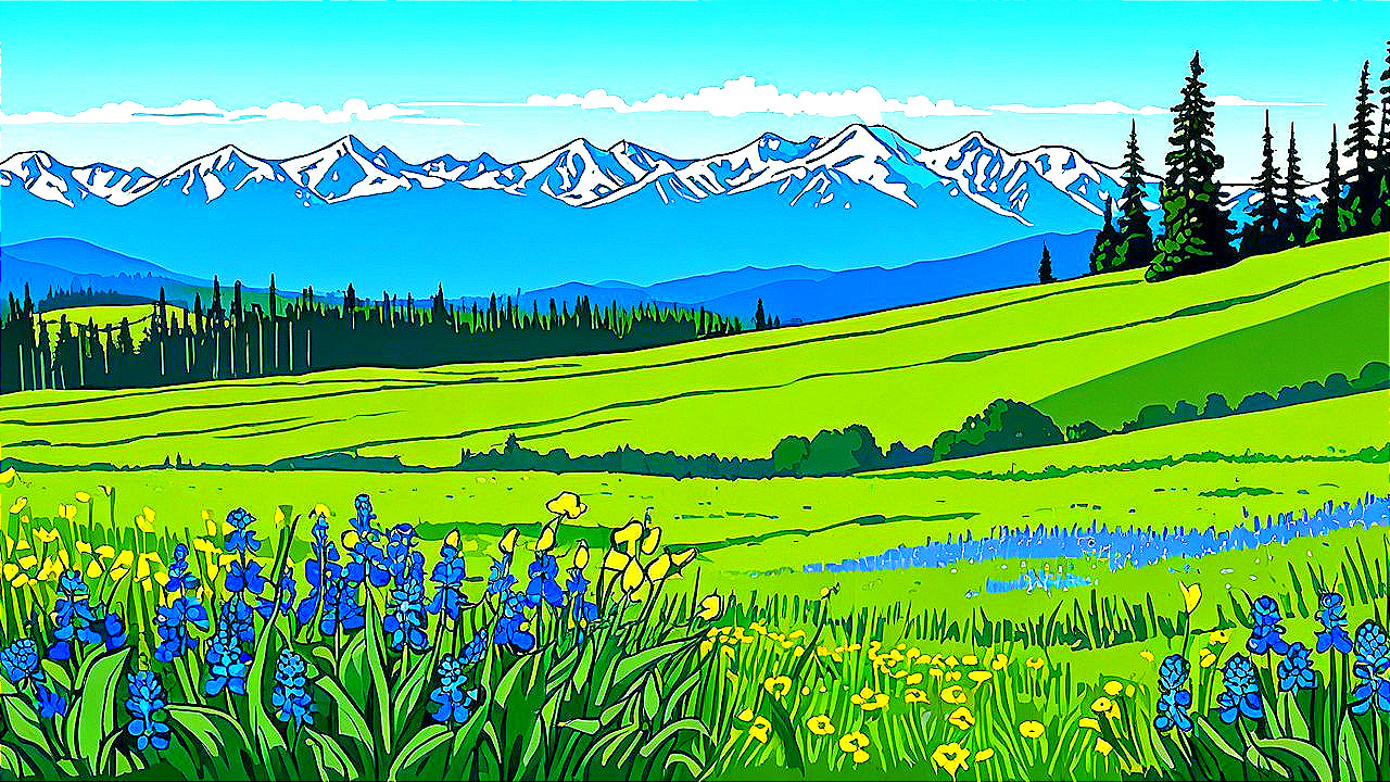 Vibrant Landscape of Rolling Hills and Mountains