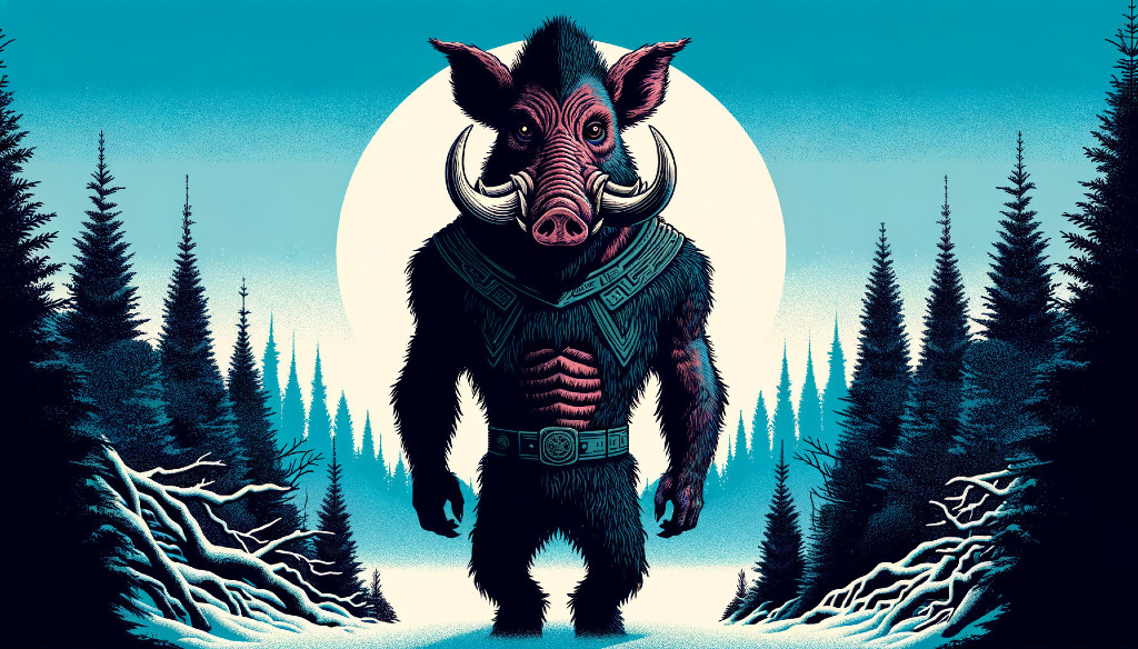 Stylized monster in snowy forest under full moon