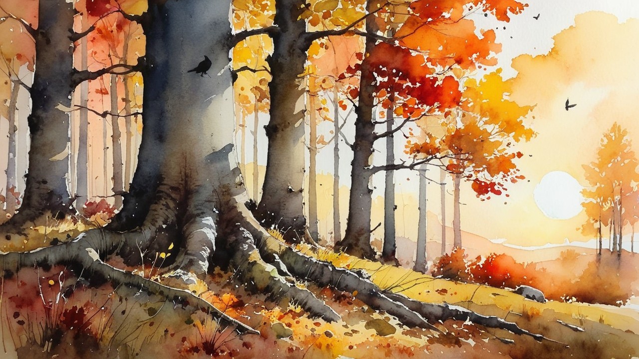 Serene Autumn Landscape with Tall Trees and Sunset