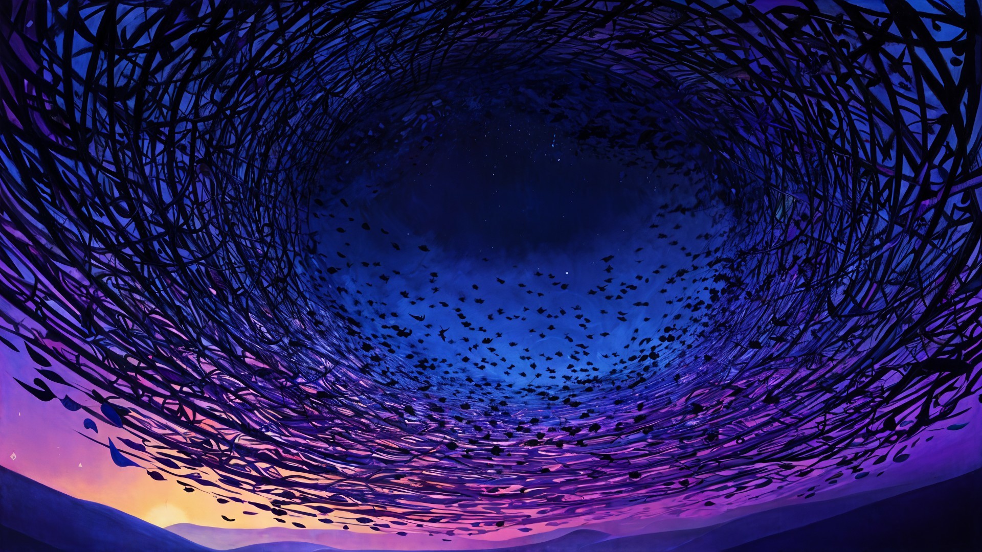 Vortex of Swirling Shapes in Gradient Sky Scene